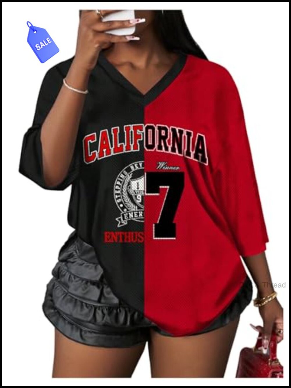 Women's Oversized Graphic Jersey Tee V-Neck Half Sleeve Loose Fit Shirt